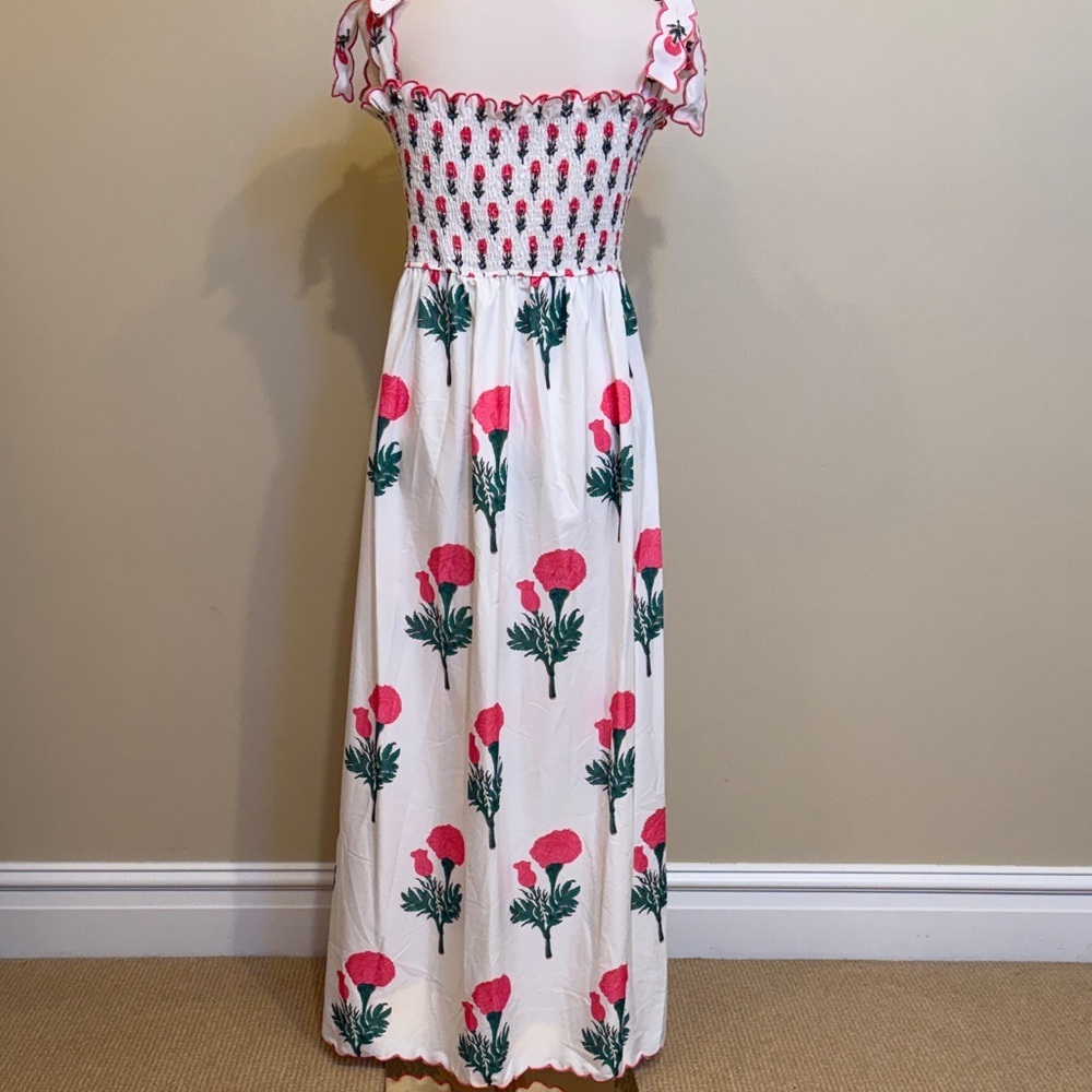 Pink Floral Smocked Maxi Dress Tie Straps Cottagecore Boho M - Picture 5 of 8